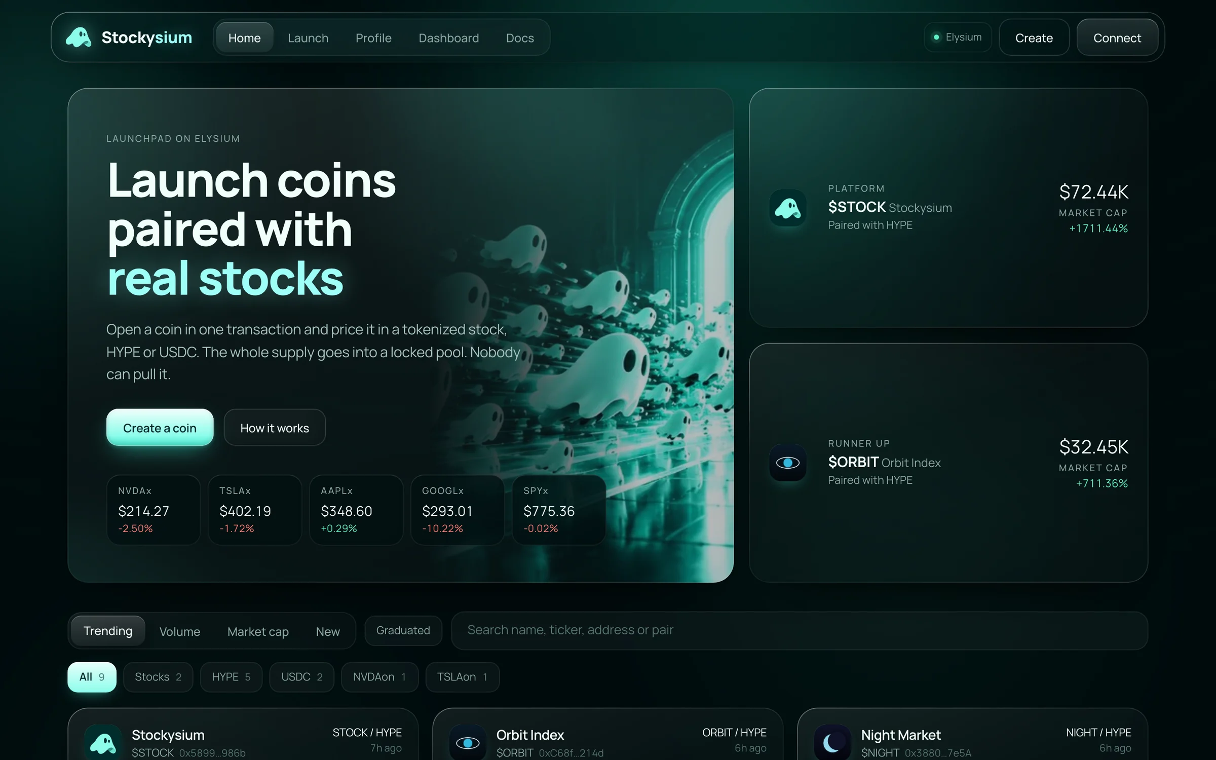 The launchpad home page with trending coins and live tokenized stock prices